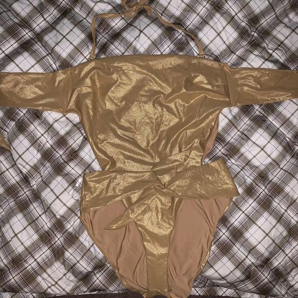 GOOD AMERICAN gold metalic shine  one piece swimsuit bikini sz 3 or 12-14 - Picture 6 of 8